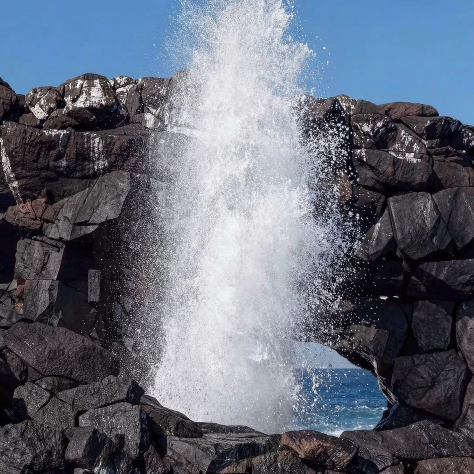Seawater erupting through the blowhole at Punta Suárez, Española, Galápagos