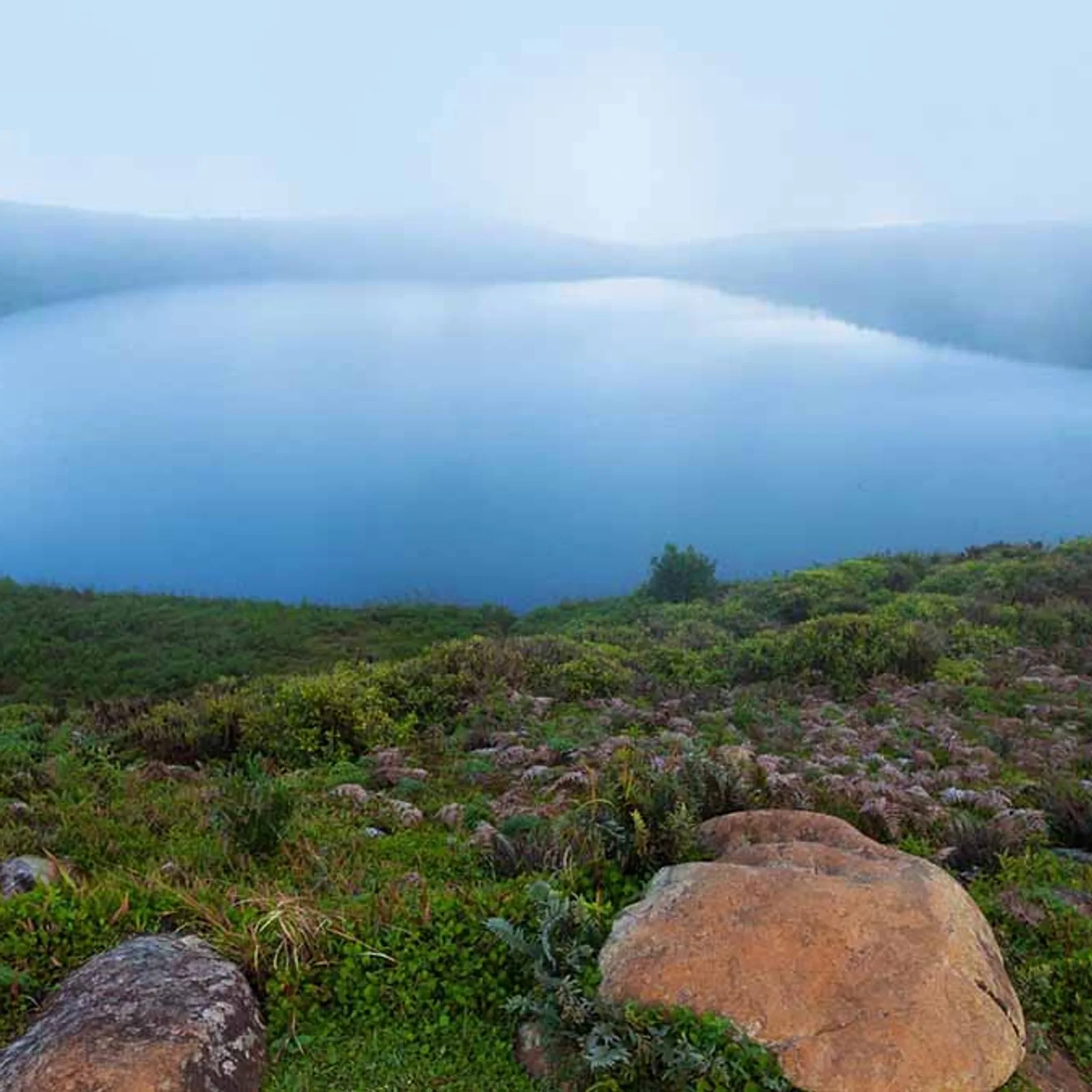Laguna El Junco, the only freshwater lake in the Galápagos, wrapped in mist