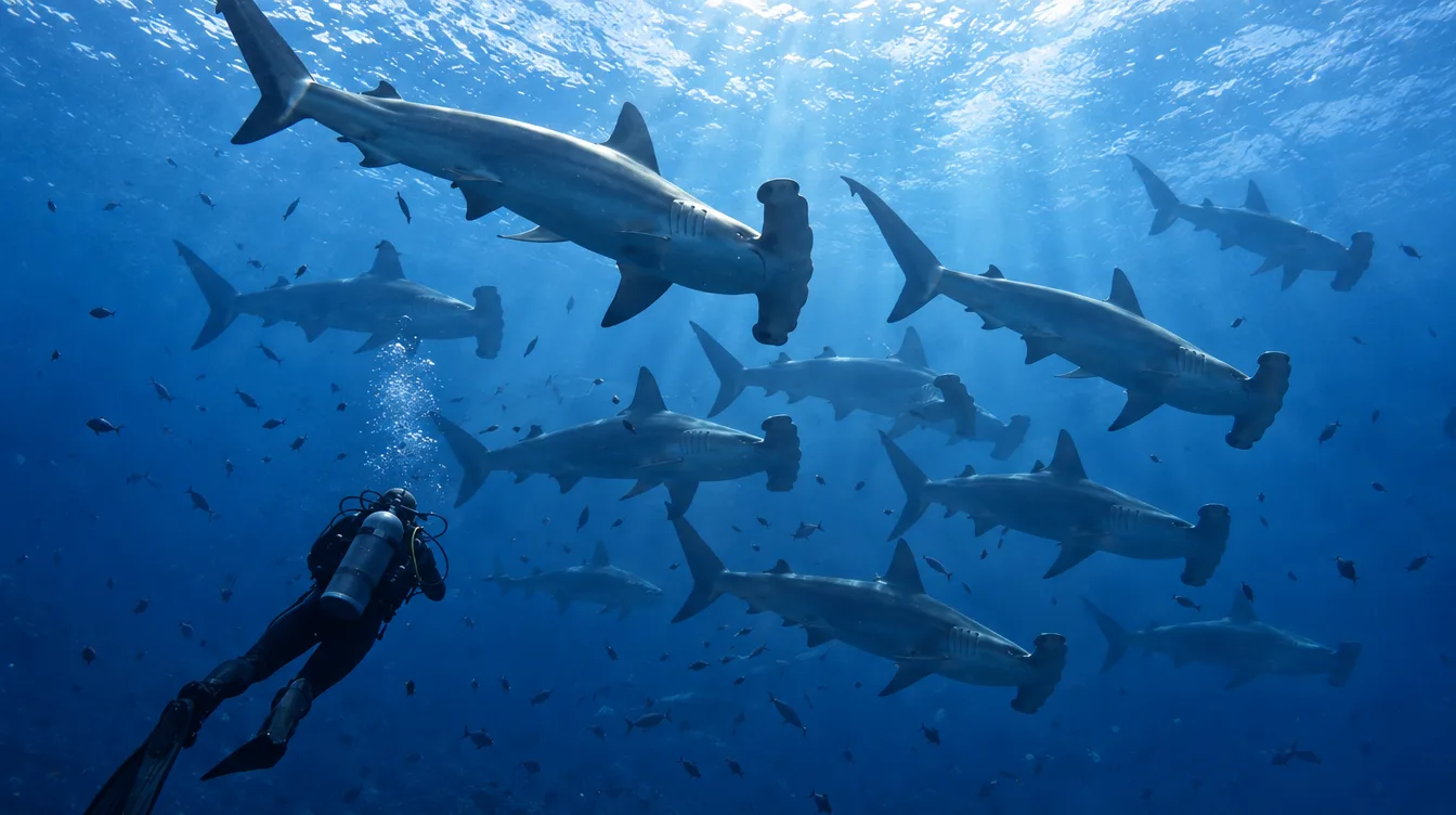 Scuba diver beneath a large school of scalloped hammerhead sharks, Kicker Rock, Galápagos